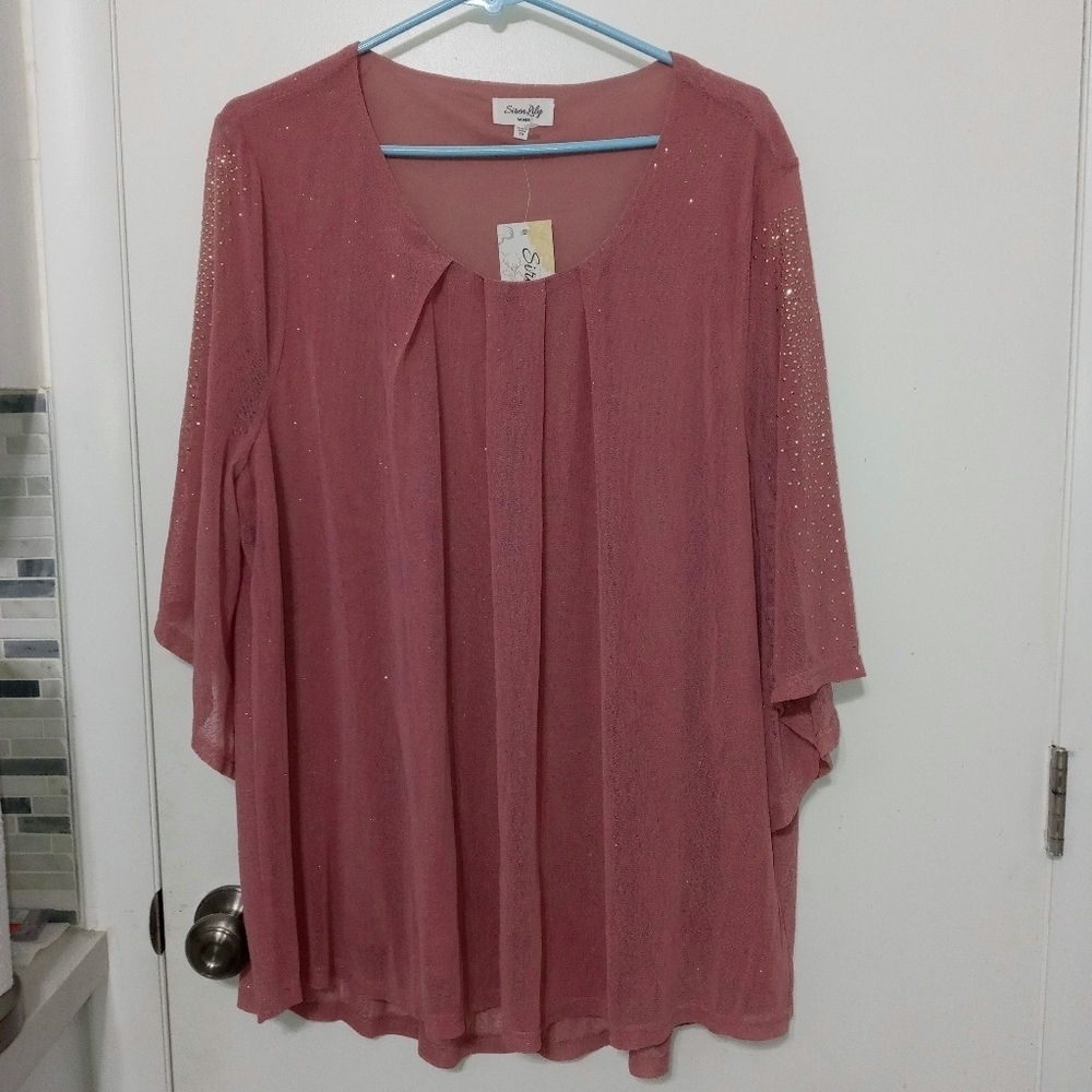 Siren Lily Rose Pink Sheer Lined Flare Sleeve Sparkle High Low Blouse